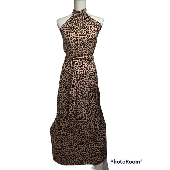 Womens Boho Leopard Print Peplum Halter Maxi Dress Small Elastic Waist Stretch - Picture 2 of 6